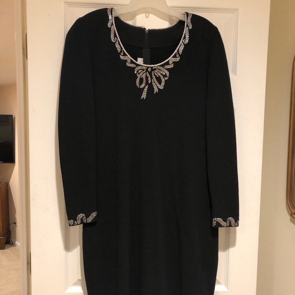 St John Long Sleeve Black Dress with beading